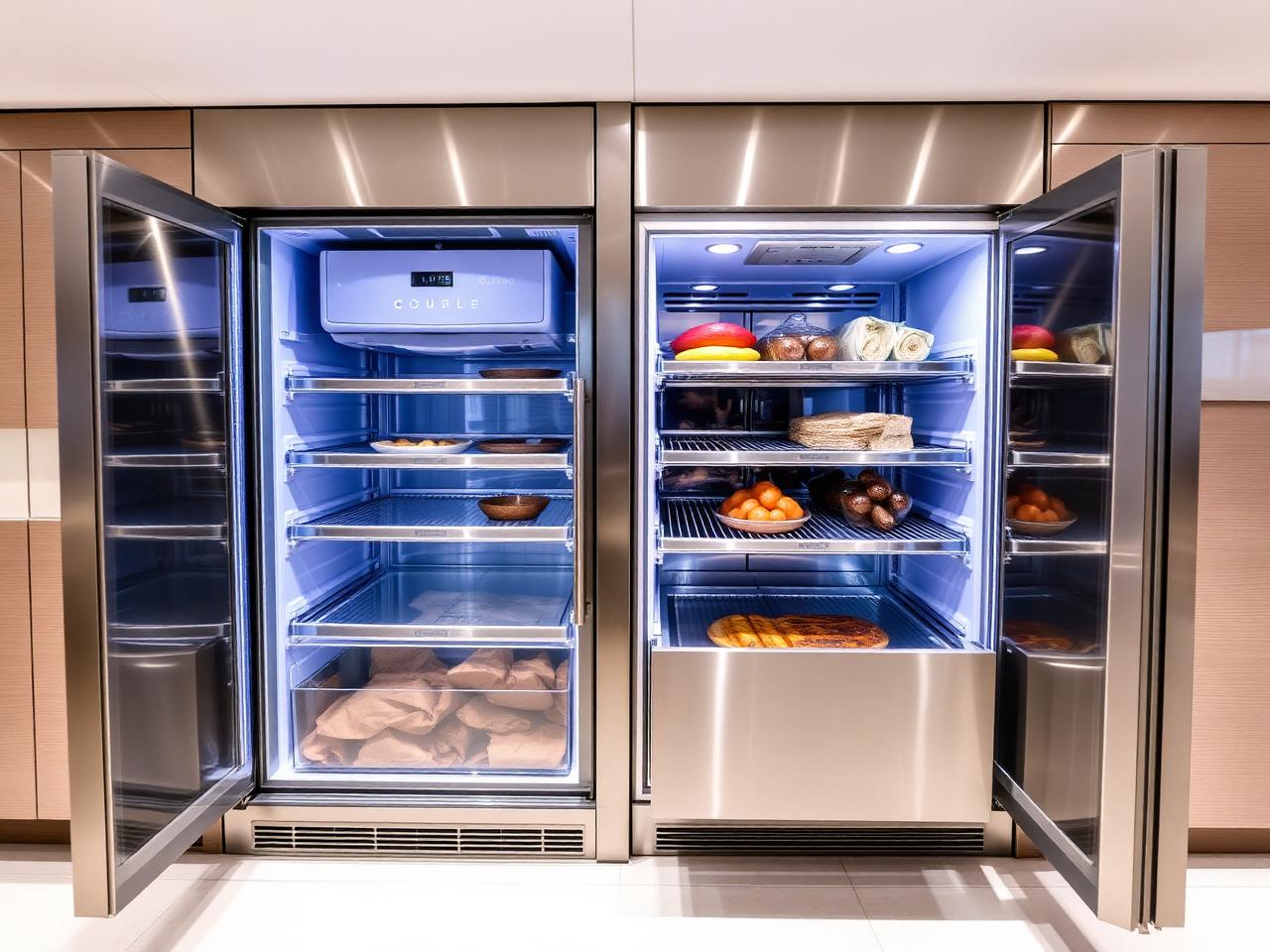 Stainless marine refrigerator and freezer drawers in a yacht galley
